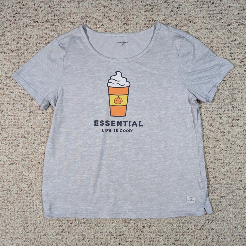Life is Good Sleep T-Shirt Essential Pumpkin Spice Latte Womens MED Gray Tee